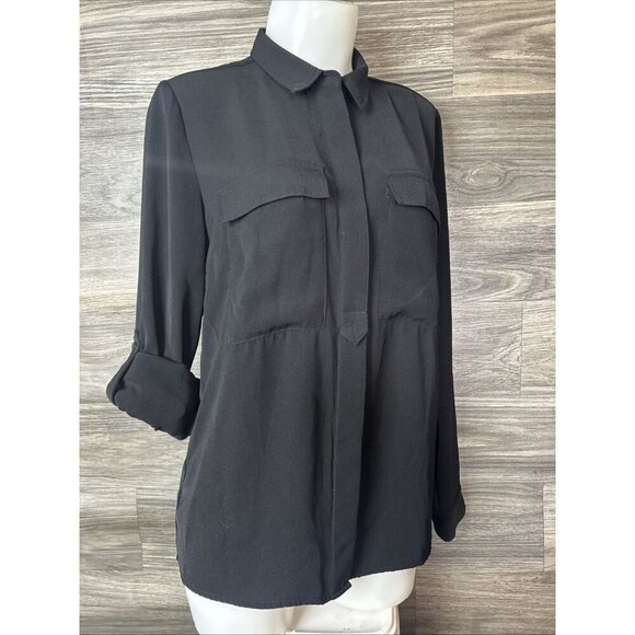 CATHERINE MALANDRINO Button Top Size M Basic Black Collar Roll Tab Sleeve Blouse - Picture 6 of 9